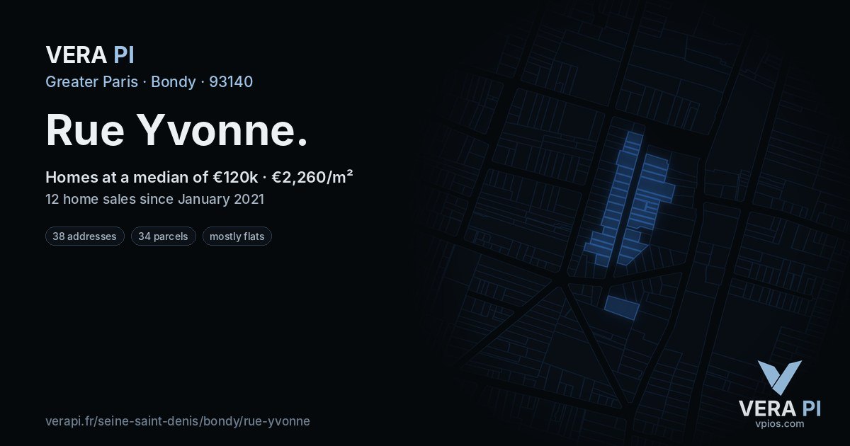 Rue Yvonne, Bondy at night – every parcel coloured by the prices around it, the street's own parcels lit