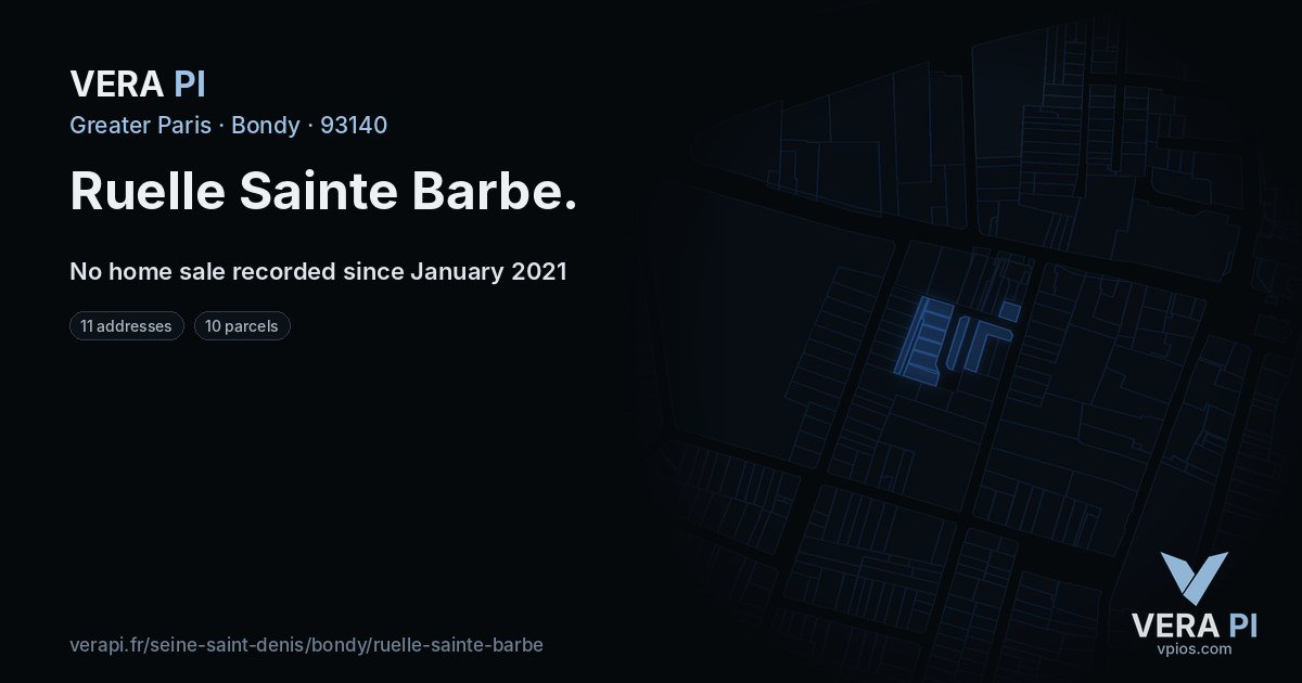 Ruelle Sainte Barbe, Bondy at night – every parcel coloured by the prices around it, the street's own parcels lit