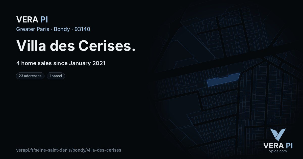 Villa des Cerises, Bondy at night – every parcel coloured by the prices around it, the street's own parcels lit