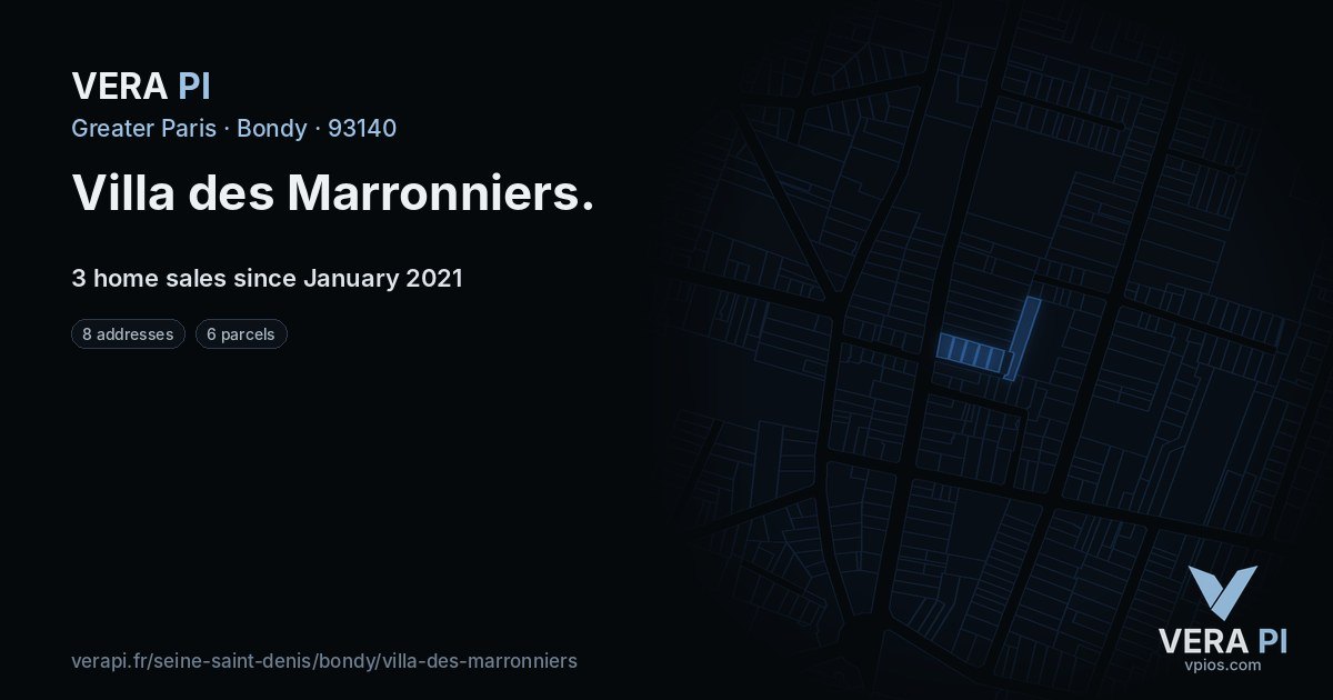 Villa des Marronniers, Bondy at night – every parcel coloured by the prices around it, the street's own parcels lit