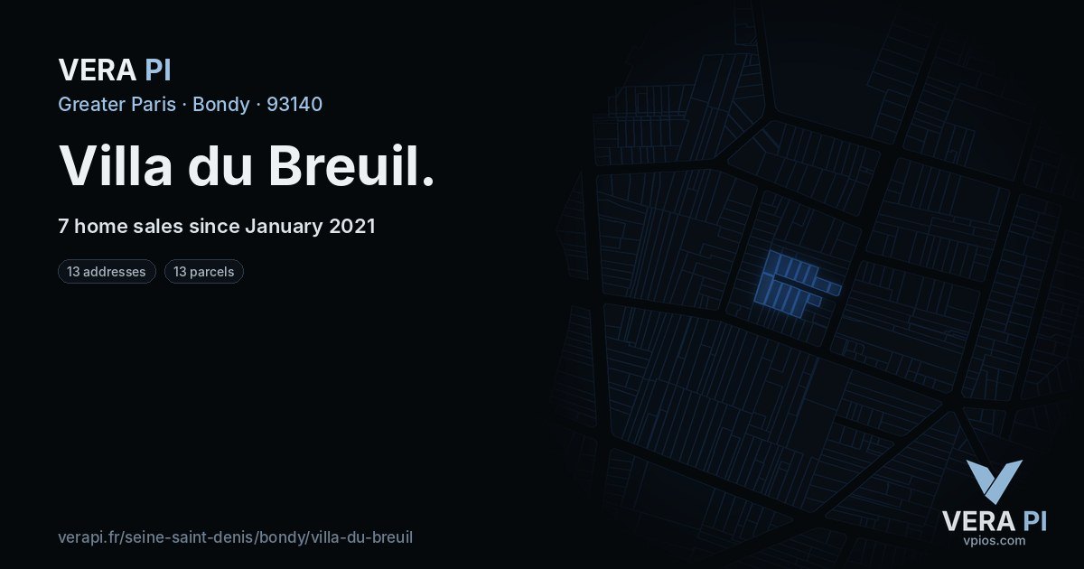 Villa du Breuil, Bondy at night – every parcel coloured by the prices around it, the street's own parcels lit