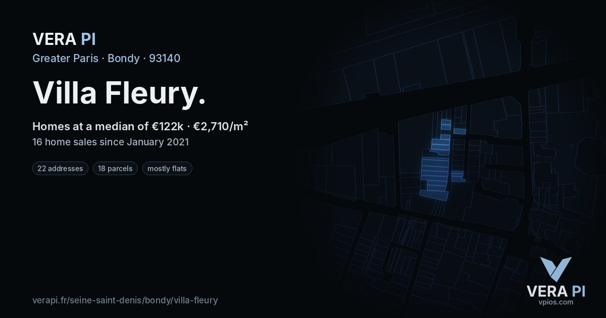 Villa Fleury, Bondy at night – every parcel coloured by the prices around it, the street's own parcels lit