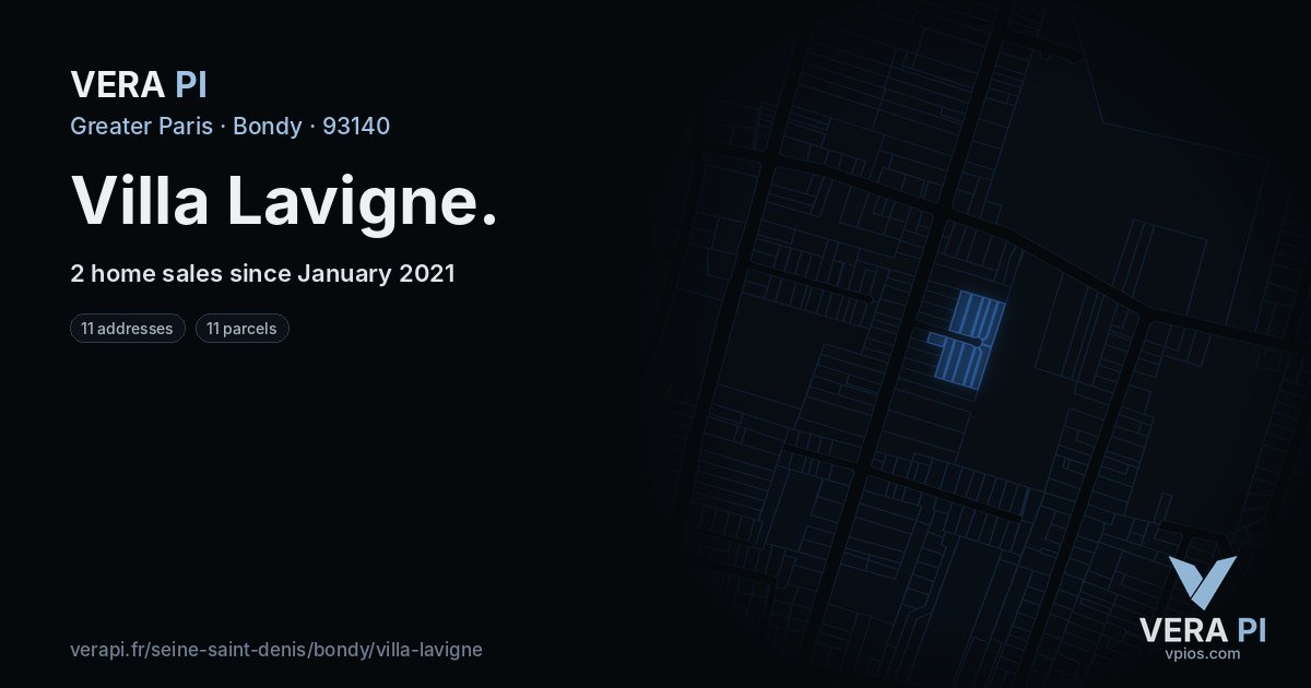 Villa Lavigne, Bondy at night – every parcel coloured by the prices around it, the street's own parcels lit