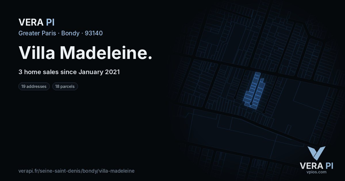 Villa Madeleine, Bondy at night – every parcel coloured by the prices around it, the street's own parcels lit