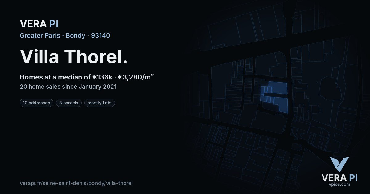 Villa Thorel, Bondy at night – every parcel coloured by the prices around it, the street's own parcels lit