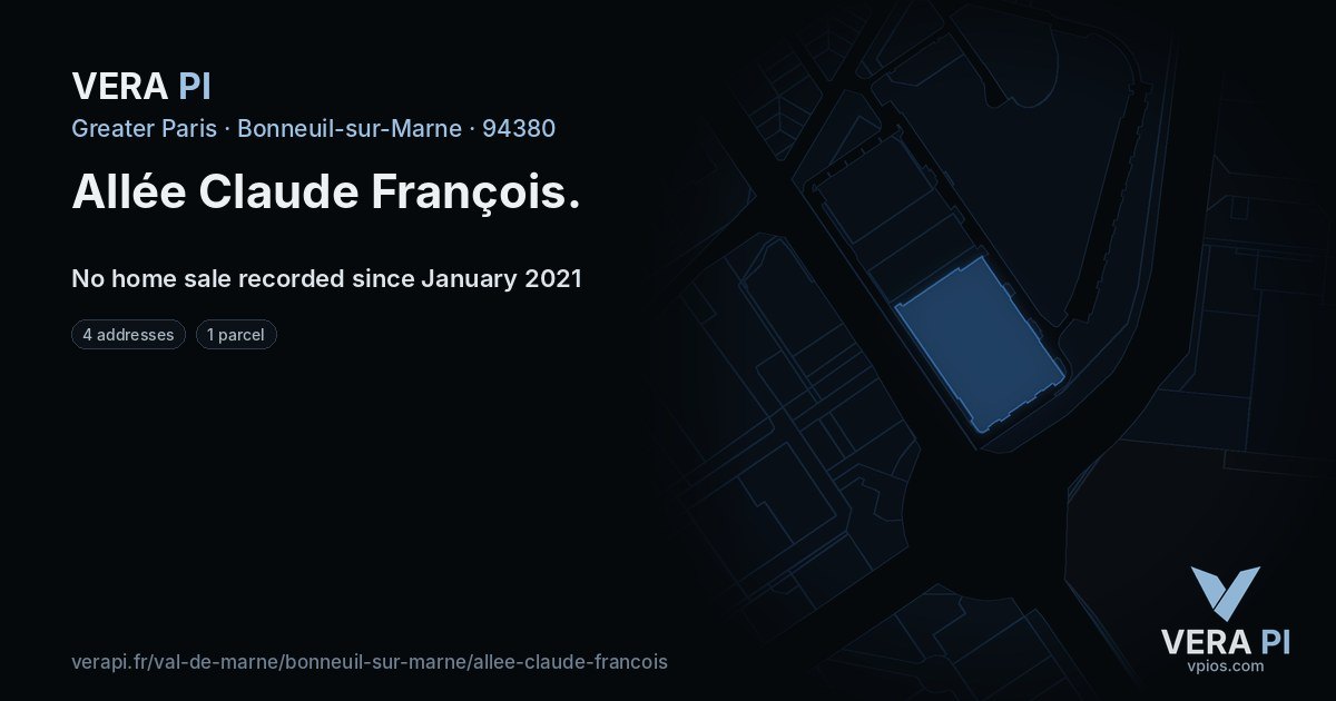 Allée Claude François, Bonneuil-sur-Marne at night – every parcel coloured by the prices around it, the street's own parcels lit
