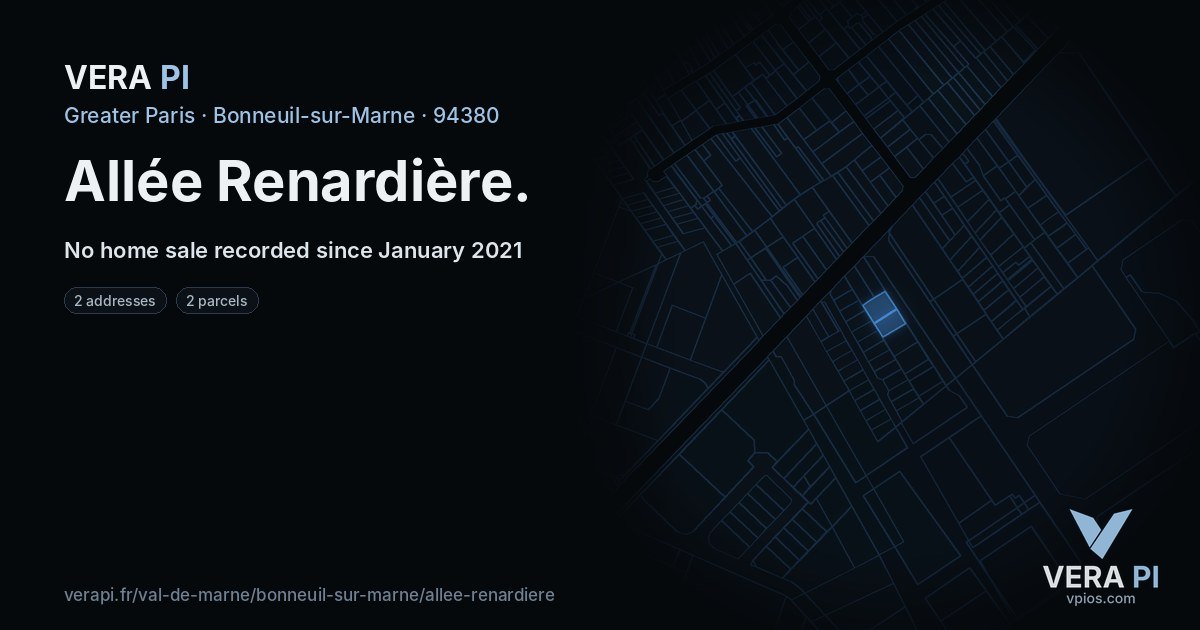 Allée Renardière, Bonneuil-sur-Marne at night – every parcel coloured by the prices around it, the street's own parcels lit