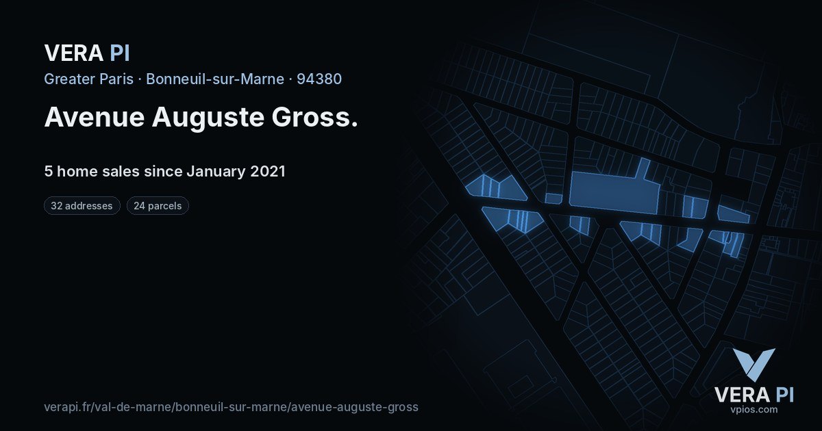 Avenue Auguste Gross, Bonneuil-sur-Marne at night – every parcel coloured by the prices around it, the street's own parcels lit