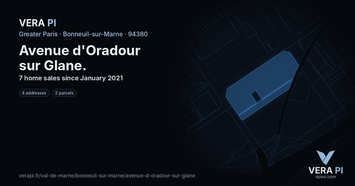 Avenue d'Oradour sur Glane, Bonneuil-sur-Marne at night – every parcel coloured by the prices around it, the street's own parcels lit