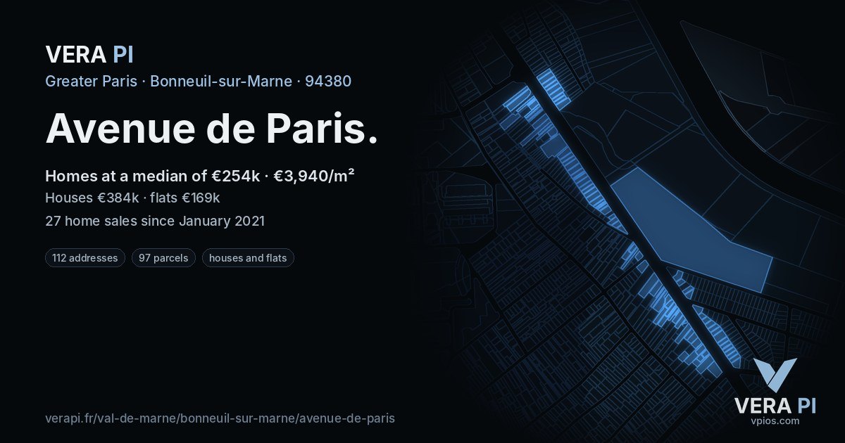Avenue de Paris, Bonneuil-sur-Marne at night – every parcel coloured by the prices around it, the street's own parcels lit