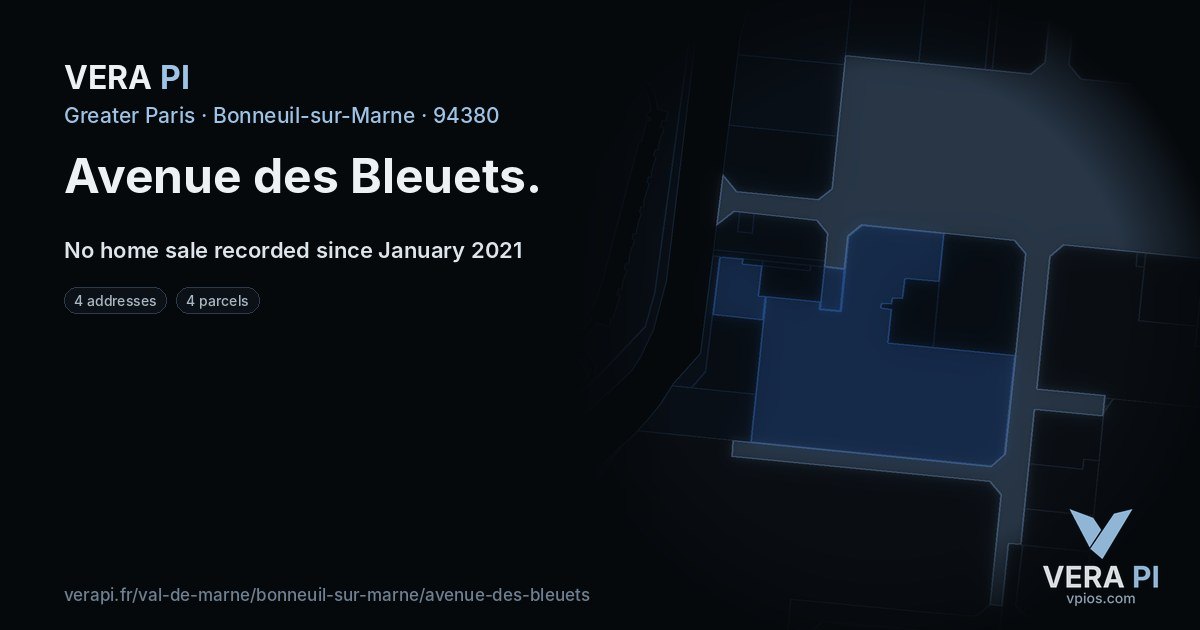 Avenue des Bleuets, Bonneuil-sur-Marne at night – every parcel coloured by the prices around it, the street's own parcels lit