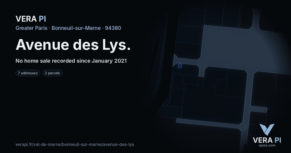 Avenue des Lys, Bonneuil-sur-Marne at night – every parcel coloured by the prices around it, the street's own parcels lit