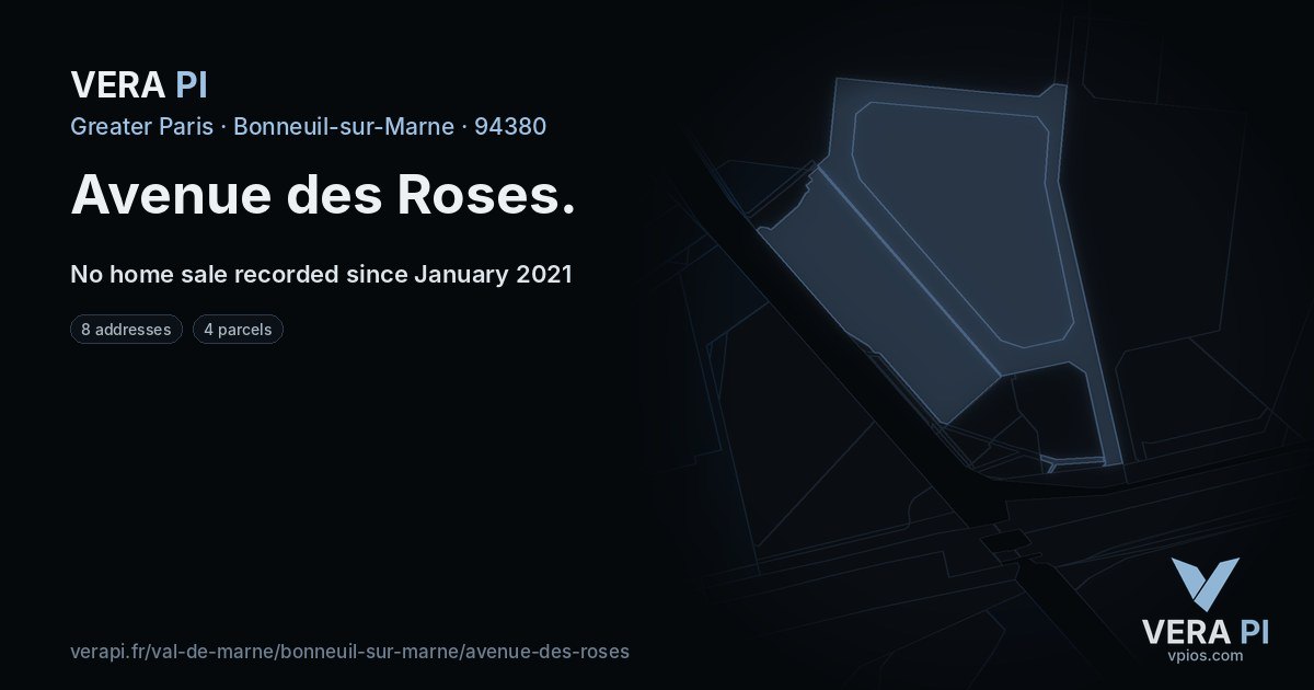 Avenue des Roses, Bonneuil-sur-Marne at night – every parcel coloured by the prices around it, the street's own parcels lit