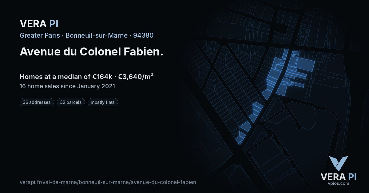Avenue du Colonel Fabien, Bonneuil-sur-Marne at night – every parcel coloured by the prices around it, the street's own parcels lit