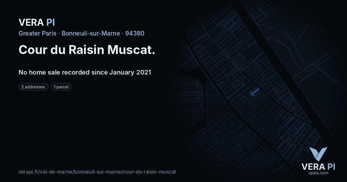 Cour du Raisin Muscat, Bonneuil-sur-Marne at night – every parcel coloured by the prices around it, the street's own parcels lit