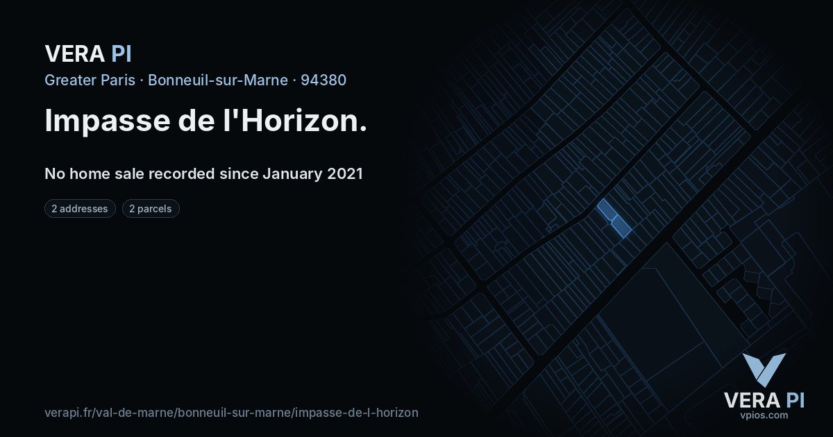 Impasse de l'Horizon, Bonneuil-sur-Marne at night – every parcel coloured by the prices around it, the street's own parcels lit