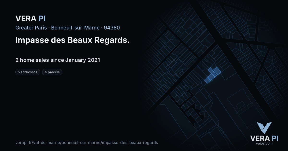 Impasse des Beaux Regards, Bonneuil-sur-Marne at night – every parcel coloured by the prices around it, the street's own parcels lit