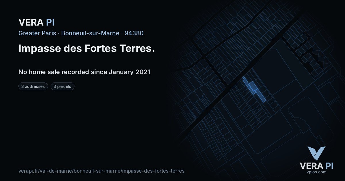 Impasse des Fortes Terres, Bonneuil-sur-Marne at night – every parcel coloured by the prices around it, the street's own parcels lit