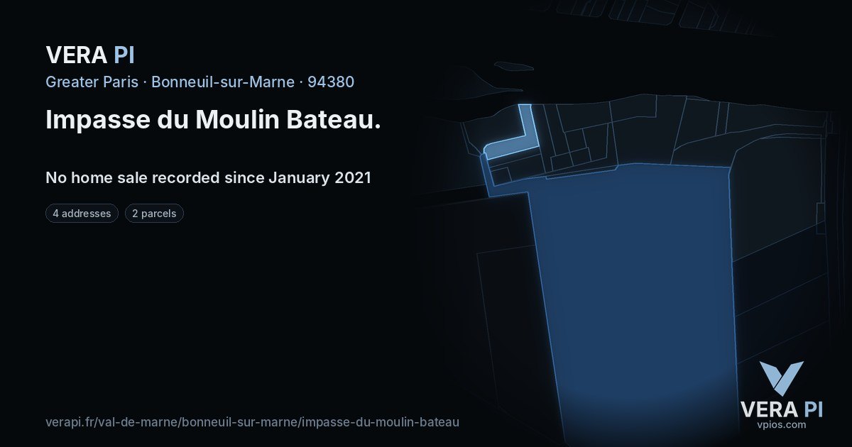 Impasse du Moulin Bateau, Bonneuil-sur-Marne at night – every parcel coloured by the prices around it, the street's own parcels lit