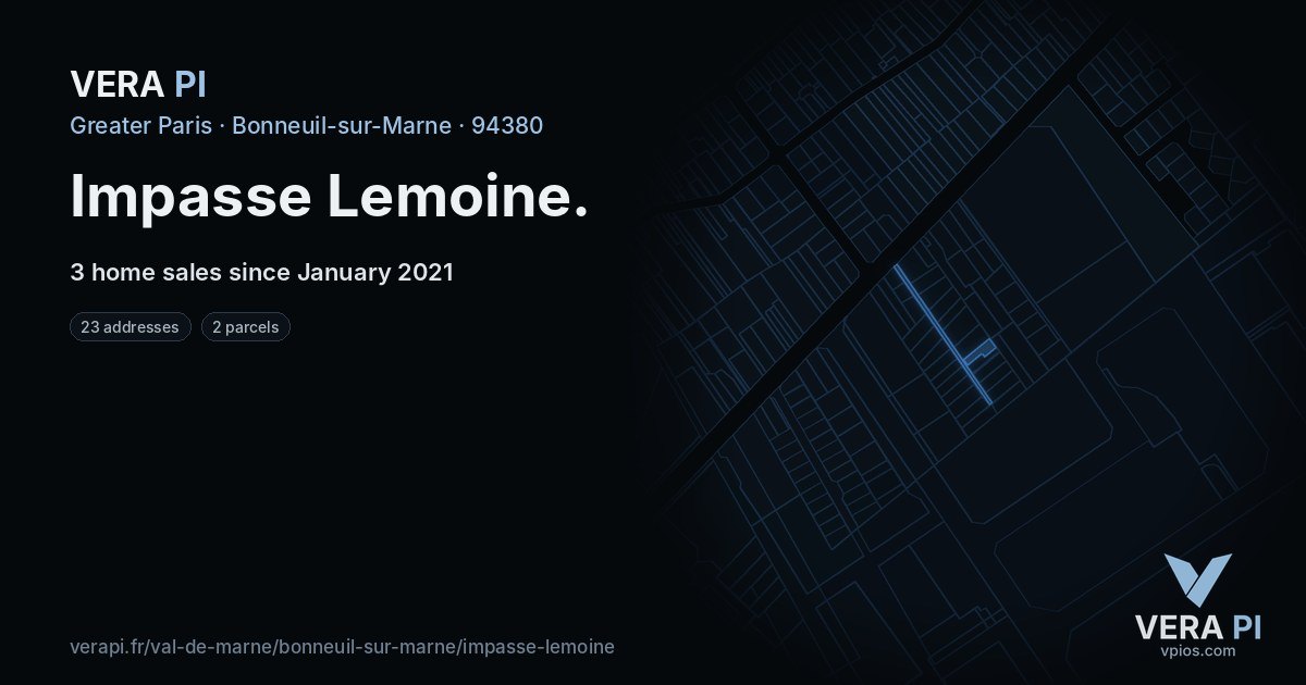Impasse Lemoine, Bonneuil-sur-Marne at night – every parcel coloured by the prices around it, the street's own parcels lit
