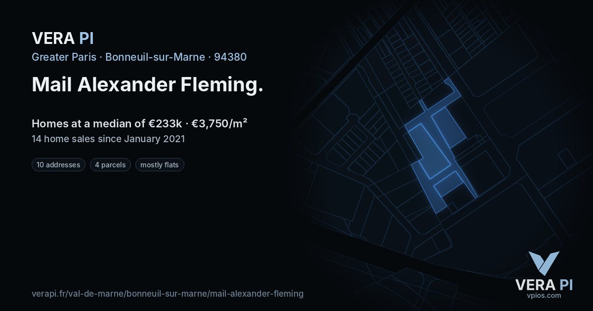 Mail Alexander Fleming, Bonneuil-sur-Marne at night – every parcel coloured by the prices around it, the street's own parcels lit