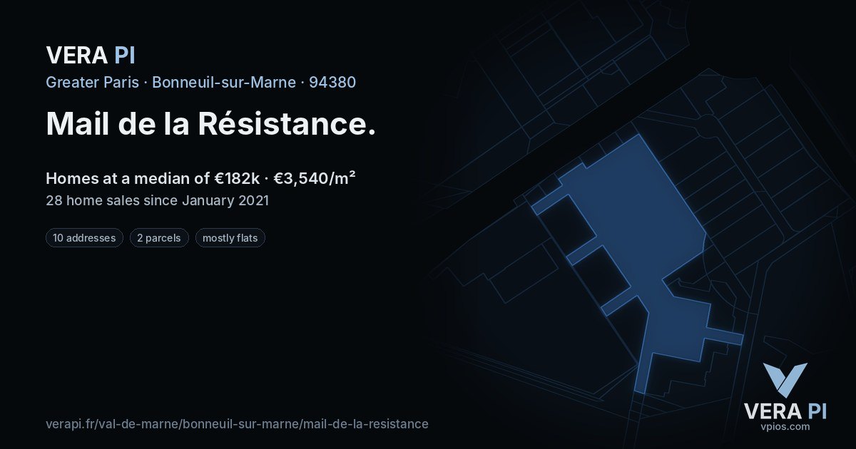 Mail de la Résistance, Bonneuil-sur-Marne at night – every parcel coloured by the prices around it, the street's own parcels lit