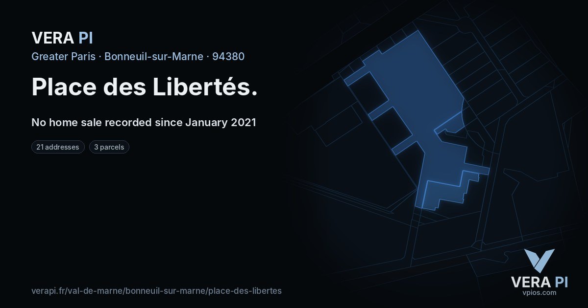 Place des Libertés, Bonneuil-sur-Marne at night – every parcel coloured by the prices around it, the street's own parcels lit