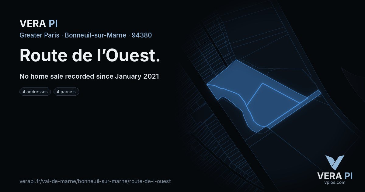 Route de l’Ouest, Bonneuil-sur-Marne at night – every parcel coloured by the prices around it, the street's own parcels lit
