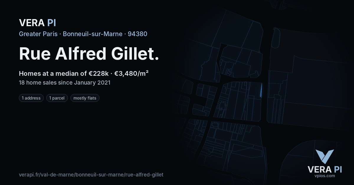 Rue Alfred Gillet, Bonneuil-sur-Marne at night – every parcel coloured by the prices around it, the street's own parcels lit