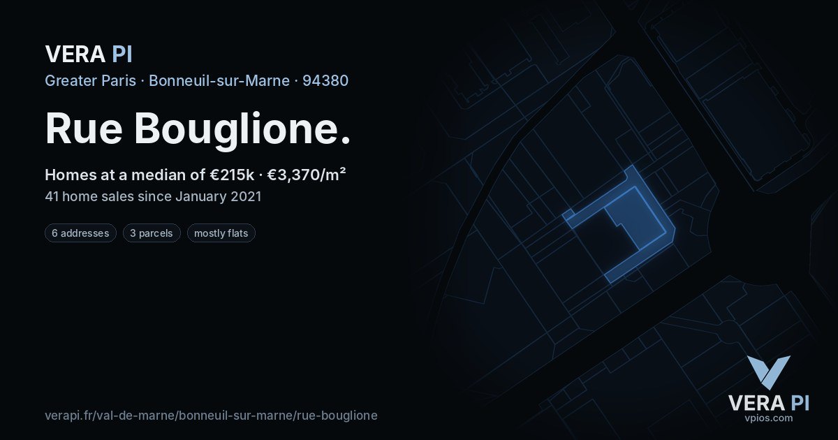 Rue Bouglione, Bonneuil-sur-Marne at night – every parcel coloured by the prices around it, the street's own parcels lit