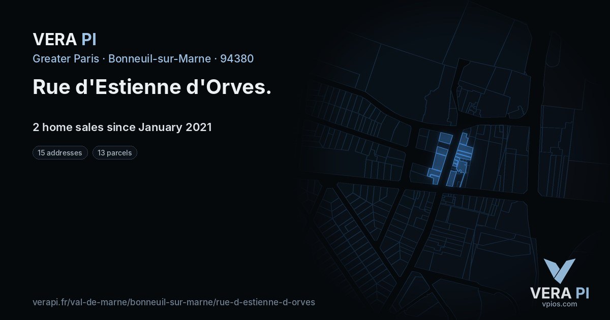 Rue d'Estienne d'Orves, Bonneuil-sur-Marne at night – every parcel coloured by the prices around it, the street's own parcels lit