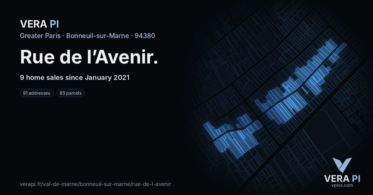 Rue de l’Avenir, Bonneuil-sur-Marne at night – every parcel coloured by the prices around it, the street's own parcels lit