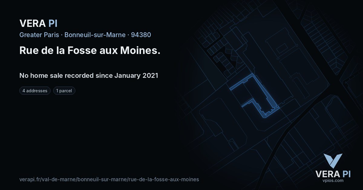 Rue de la Fosse aux Moines, Bonneuil-sur-Marne at night – every parcel coloured by the prices around it, the street's own parcels lit