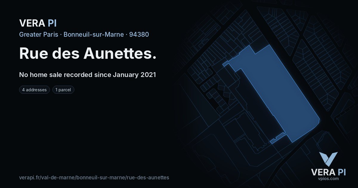 Rue des Aunettes, Bonneuil-sur-Marne at night – every parcel coloured by the prices around it, the street's own parcels lit