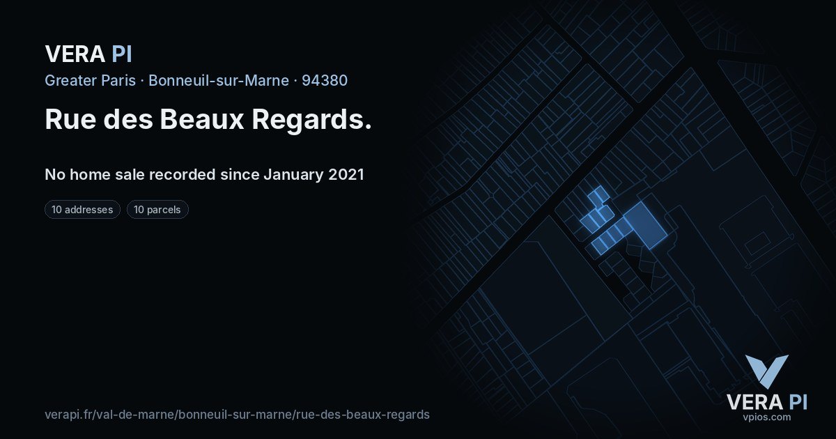 Rue des Beaux Regards, Bonneuil-sur-Marne at night – every parcel coloured by the prices around it, the street's own parcels lit