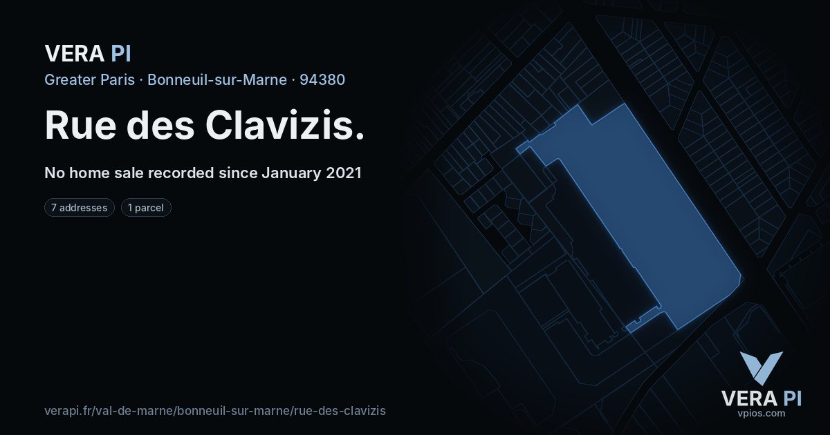 Rue des Clavizis, Bonneuil-sur-Marne at night – every parcel coloured by the prices around it, the street's own parcels lit