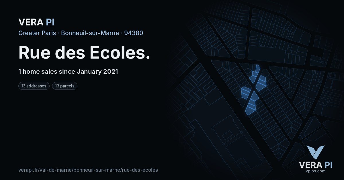 Rue des Ecoles, Bonneuil-sur-Marne at night – every parcel coloured by the prices around it, the street's own parcels lit