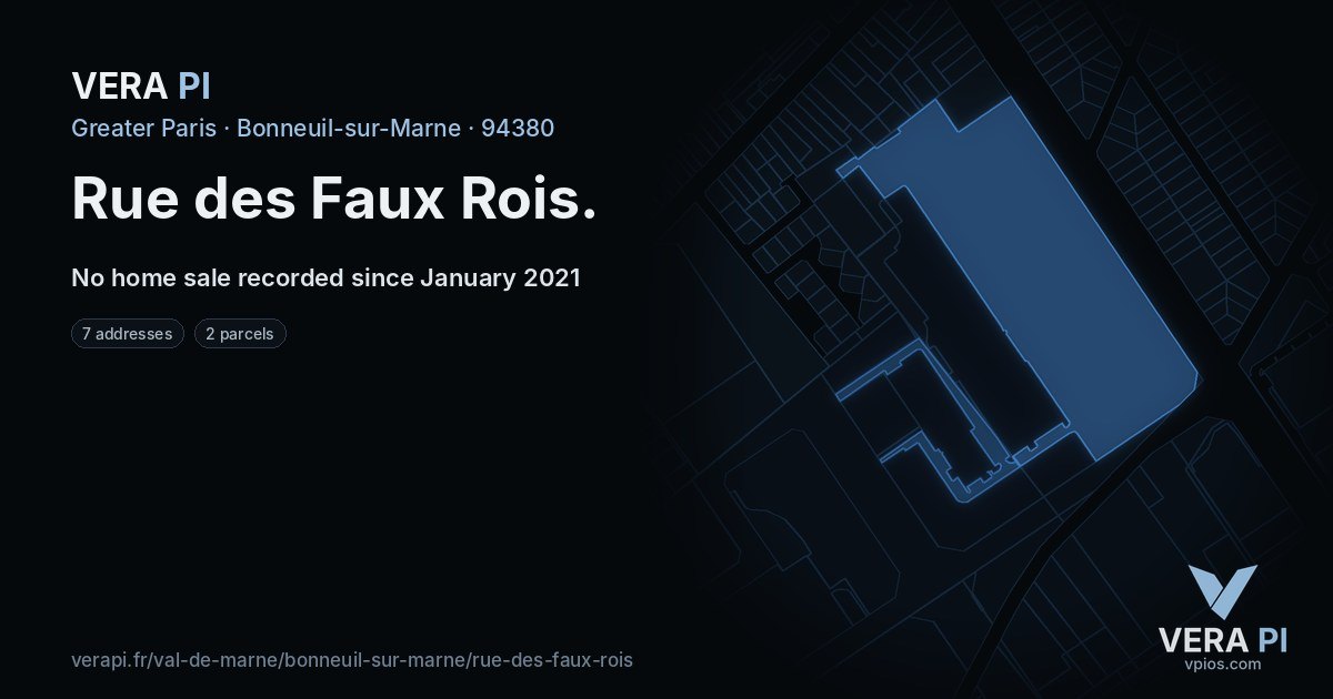 Rue des Faux Rois, Bonneuil-sur-Marne at night – every parcel coloured by the prices around it, the street's own parcels lit