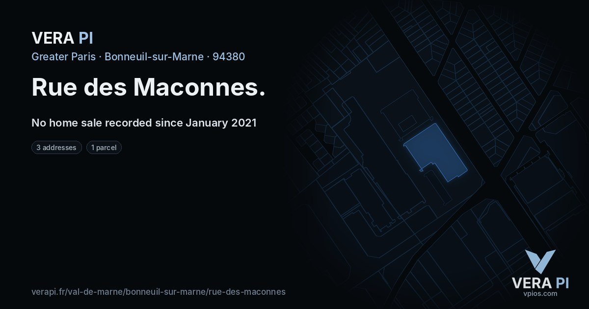 Rue des Maconnes, Bonneuil-sur-Marne at night – every parcel coloured by the prices around it, the street's own parcels lit