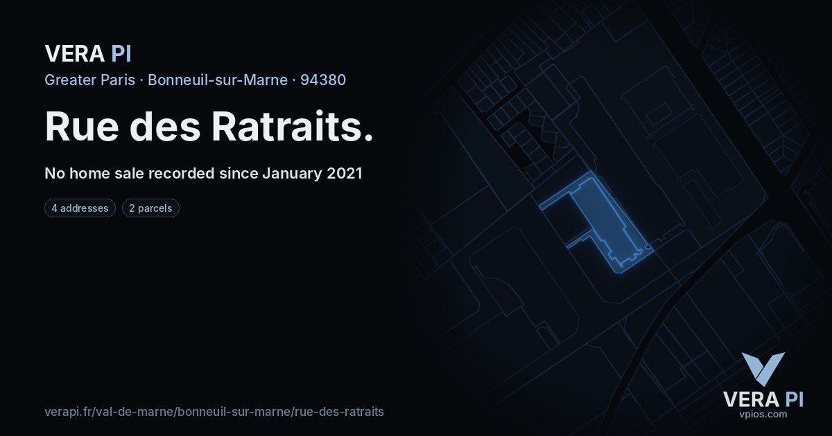 Rue des Ratraits, Bonneuil-sur-Marne at night – every parcel coloured by the prices around it, the street's own parcels lit