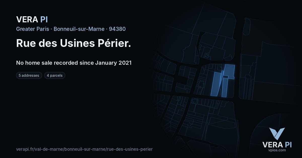 Rue des Usines Périer, Bonneuil-sur-Marne at night – every parcel coloured by the prices around it, the street's own parcels lit