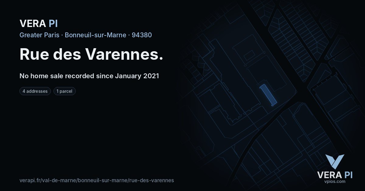 Rue des Varennes, Bonneuil-sur-Marne at night – every parcel coloured by the prices around it, the street's own parcels lit