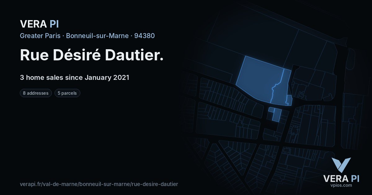 Rue Désiré Dautier, Bonneuil-sur-Marne at night – every parcel coloured by the prices around it, the street's own parcels lit