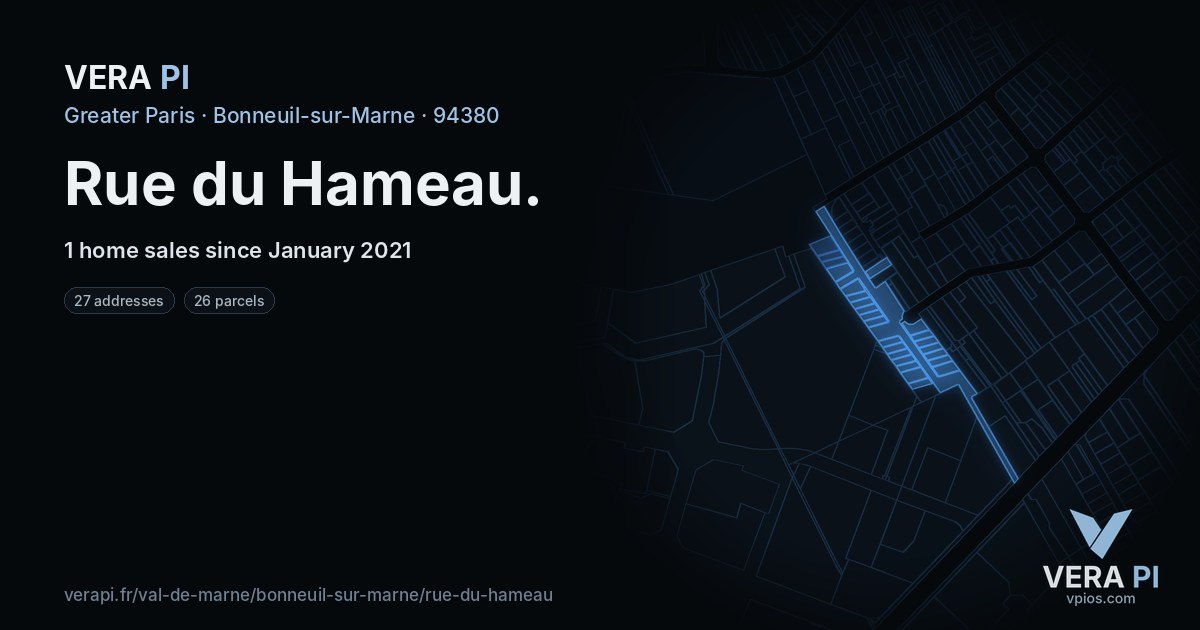 Rue du Hameau, Bonneuil-sur-Marne at night – every parcel coloured by the prices around it, the street's own parcels lit