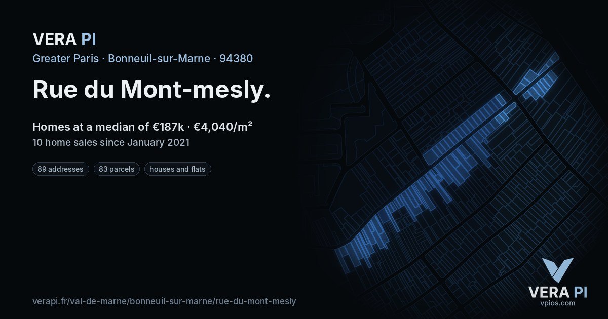 Rue du Mont-mesly, Bonneuil-sur-Marne at night – every parcel coloured by the prices around it, the street's own parcels lit