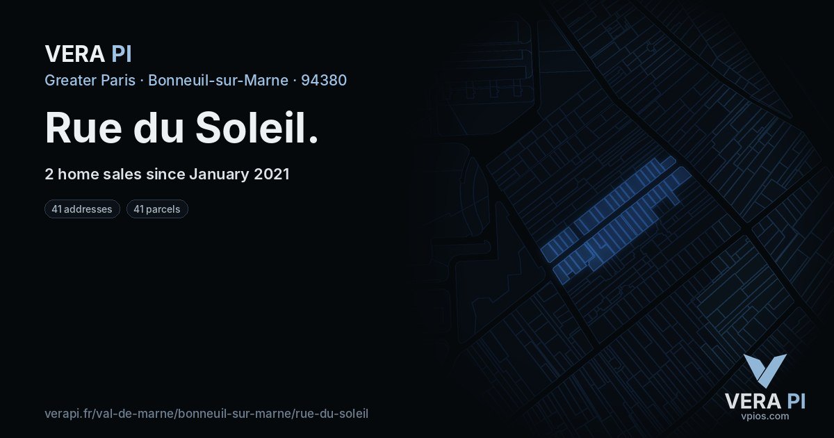 Rue du Soleil, Bonneuil-sur-Marne at night – every parcel coloured by the prices around it, the street's own parcels lit