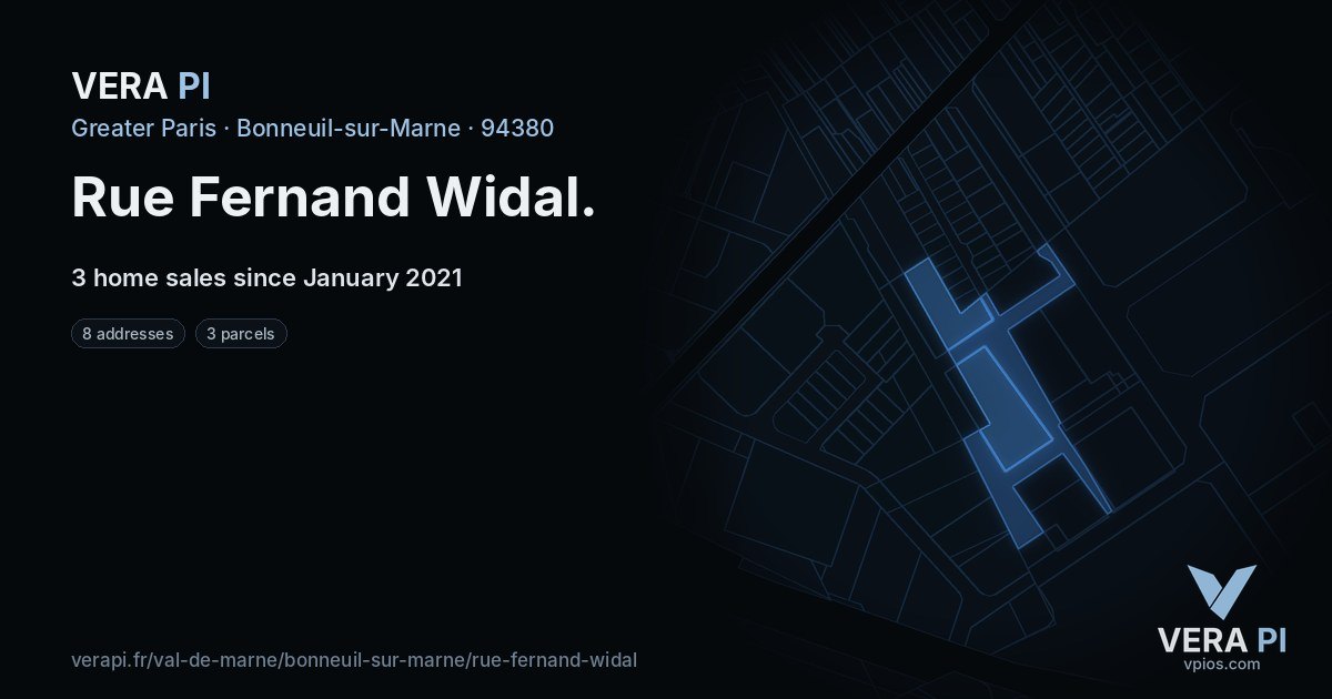 Rue Fernand Widal, Bonneuil-sur-Marne at night – every parcel coloured by the prices around it, the street's own parcels lit