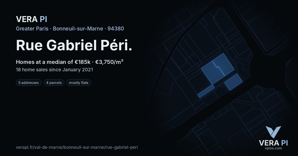 Rue Gabriel Péri, Bonneuil-sur-Marne at night – every parcel coloured by the prices around it, the street's own parcels lit