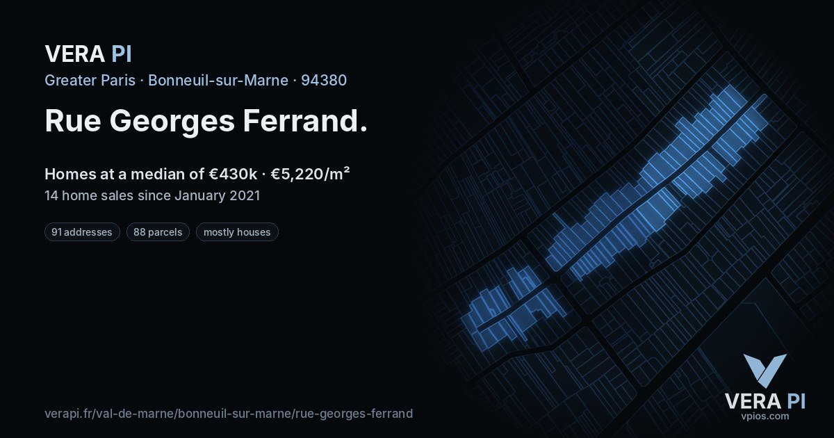 Rue Georges Ferrand, Bonneuil-sur-Marne at night – every parcel coloured by the prices around it, the street's own parcels lit