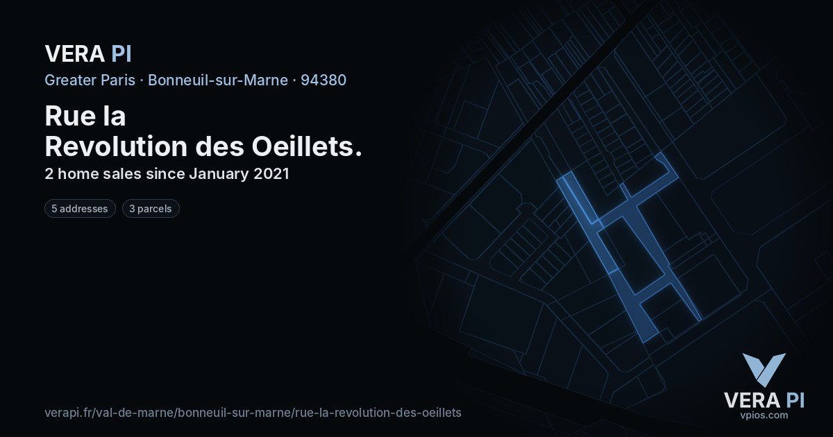 Rue la Revolution des Oeillets, Bonneuil-sur-Marne at night – every parcel coloured by the prices around it, the street's own parcels lit